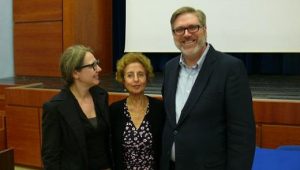 Left to right: Professor Geoghegan, Nahid Rachlin and Professor Carlos Dews