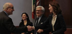 Left to right: President Pavoncello, Donatella M. Viola, Guido Lenzi, and Professor Estzer Salgó